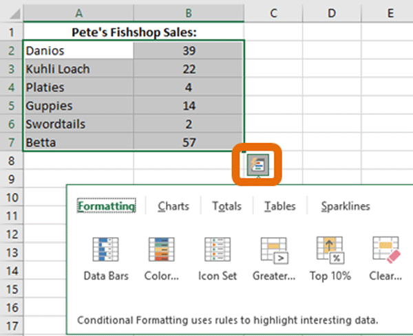 Click on the Quick Analysis button in the bottom right-hand corner of the selected data (see circled in orange in screenshot) -  Excel 2016 Tutorial