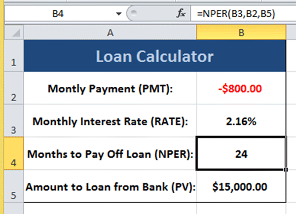 Calculate Number of Payments (NPER) Image 3 - Excel Tutorials Using Financial Functions