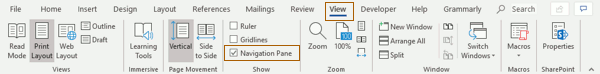 Show the navigation pane on the ribbon in Word