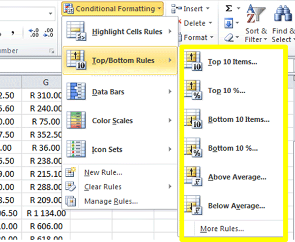 Top and Bottom Rules - Conditional Formatting - Excel Tutorial